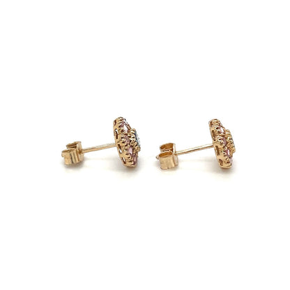 9ct Yellow Gold Aquamarine & Pink Tourmaline Cluster Stud Earrings