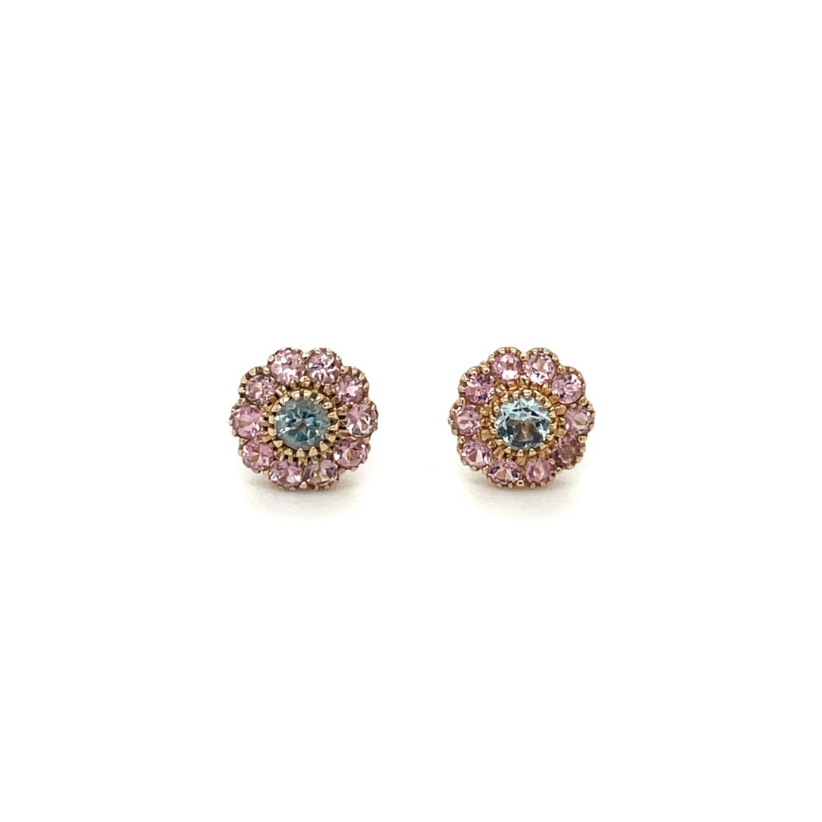 9ct Yellow Gold Aquamarine & Pink Tourmaline Cluster Stud Earrings