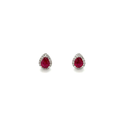 18ct White Gold Pear-Cut Ruby & Diamond Cluster Stud Earrings
