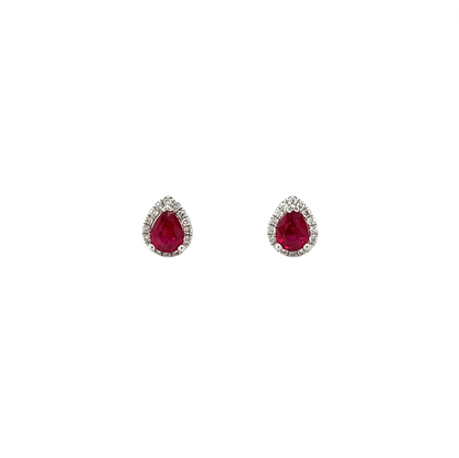 18ct White Gold Pear-Cut Ruby & Diamond Cluster Stud Earrings