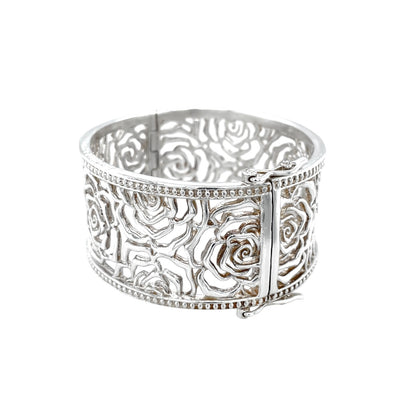 Silver Chunky Rose Filigree Hinged Bangle