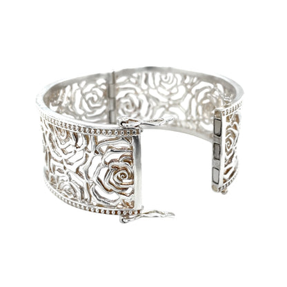Silver Chunky Rose Filigree Hinged Bangle
