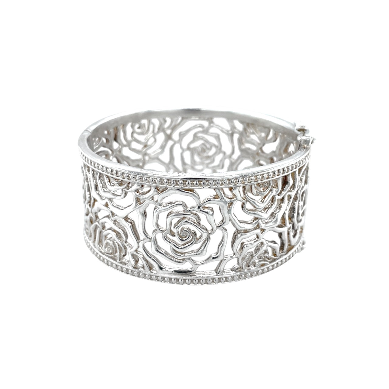 Silver Chunky Rose Filigree Hinged Bangle