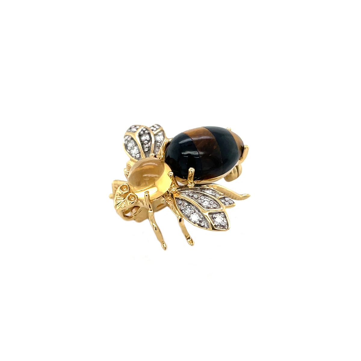 18ct Yellow Gold Citrine Diamond Agate Tigers Eye Bee Brooch