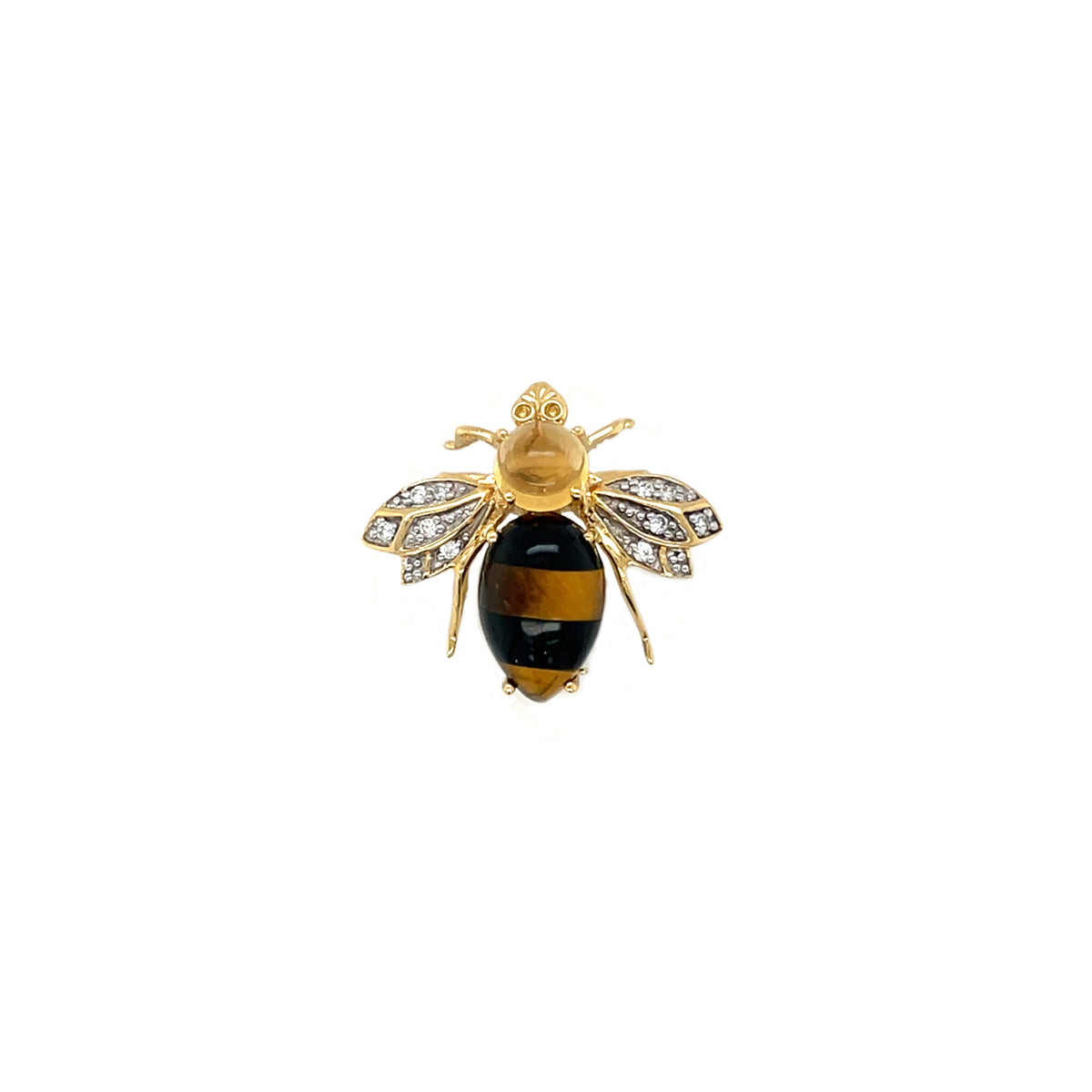 18ct Yellow Gold Citrine Diamond Agate Tigers Eye Bee Brooch