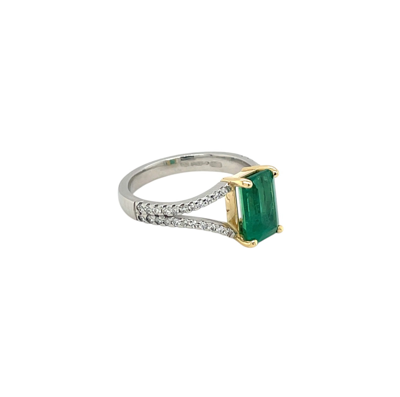 Platinum & 18ct Yellow Gold Emerald & Diamond Split Shoulder Ring (M)