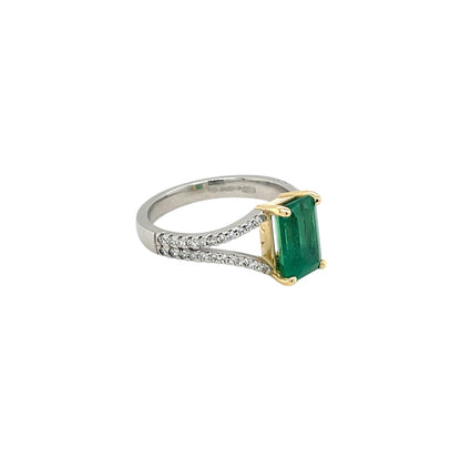 Platinum & 18ct Yellow Gold Emerald & Diamond Split Shoulder Ring (M)