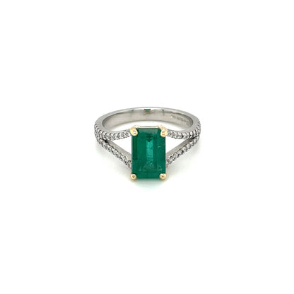 Platinum & 18ct Yellow Gold Emerald & Diamond Split Shoulder Ring