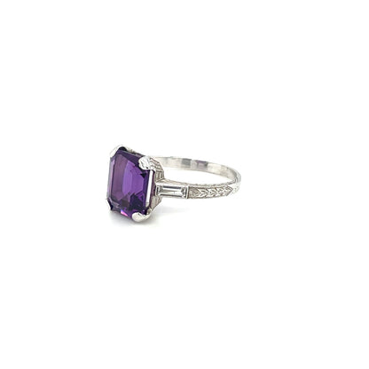 White Metal Amethyst And Diamond Ring