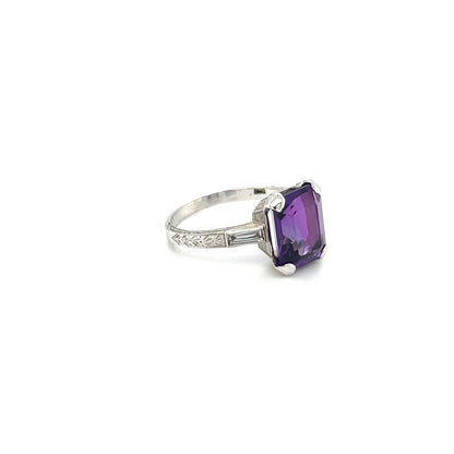 White Metal Amethyst And Diamond Ring