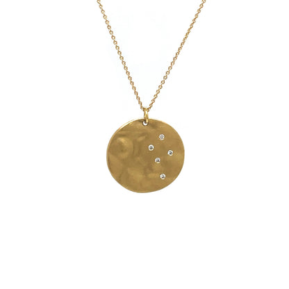 18ct Yellow Gold & Diamond Hammered Disc Pendant & Chain