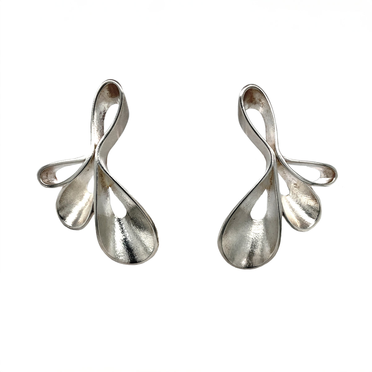 Silver Matte & Polished Finish Ribbon Stud Earrings