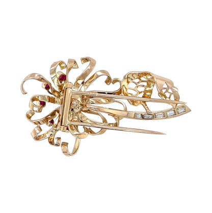 18ct Yellow Gold Ruby & Diamond Flower Brooch