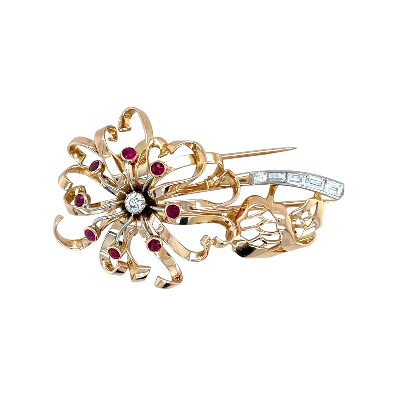18ct Yellow Gold Ruby & Diamond Flower Brooch