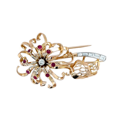 18ct Yellow Gold Ruby & Diamond Flower Brooch