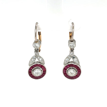 18ct Yellow & White Gold Ruby & Diamond Drop Earrings