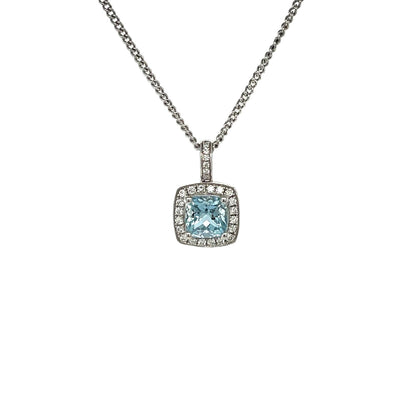 18ct White Gold Aquamarine & Diamond Cluster Pendant