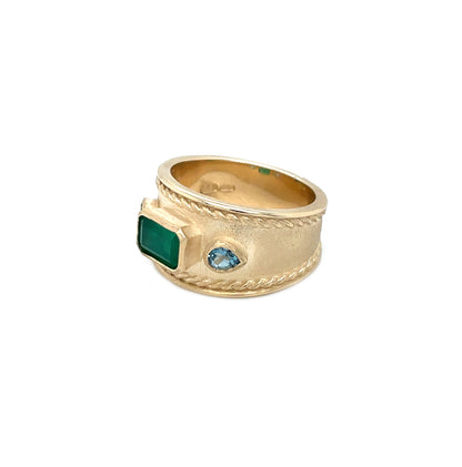 9ct Yellow Gold Emerald & Aquamarine Roman Style Ring (M)
