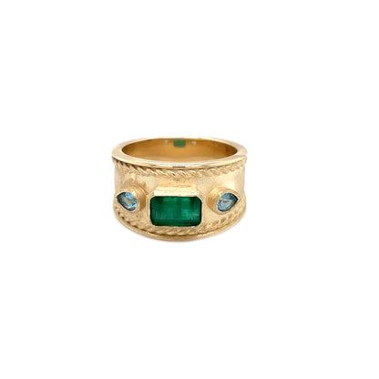 9ct Yellow Gold Emerald & Aquamarine Roman Style Ring (M)