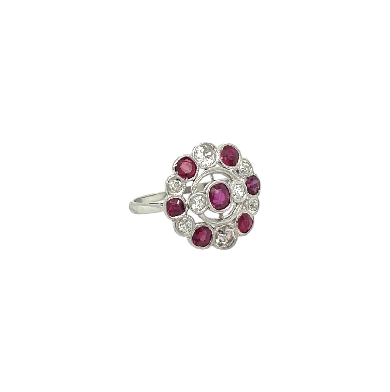18ct White Gold & Platinum Ruby & Diamond Flower Cluster Ring (L1/2)