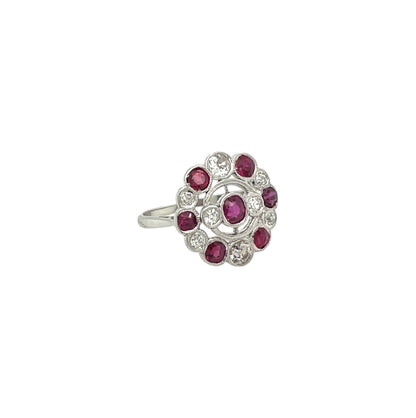 18ct White Gold & Platinum Ruby & Diamond Flower Cluster Ring (L1/2)