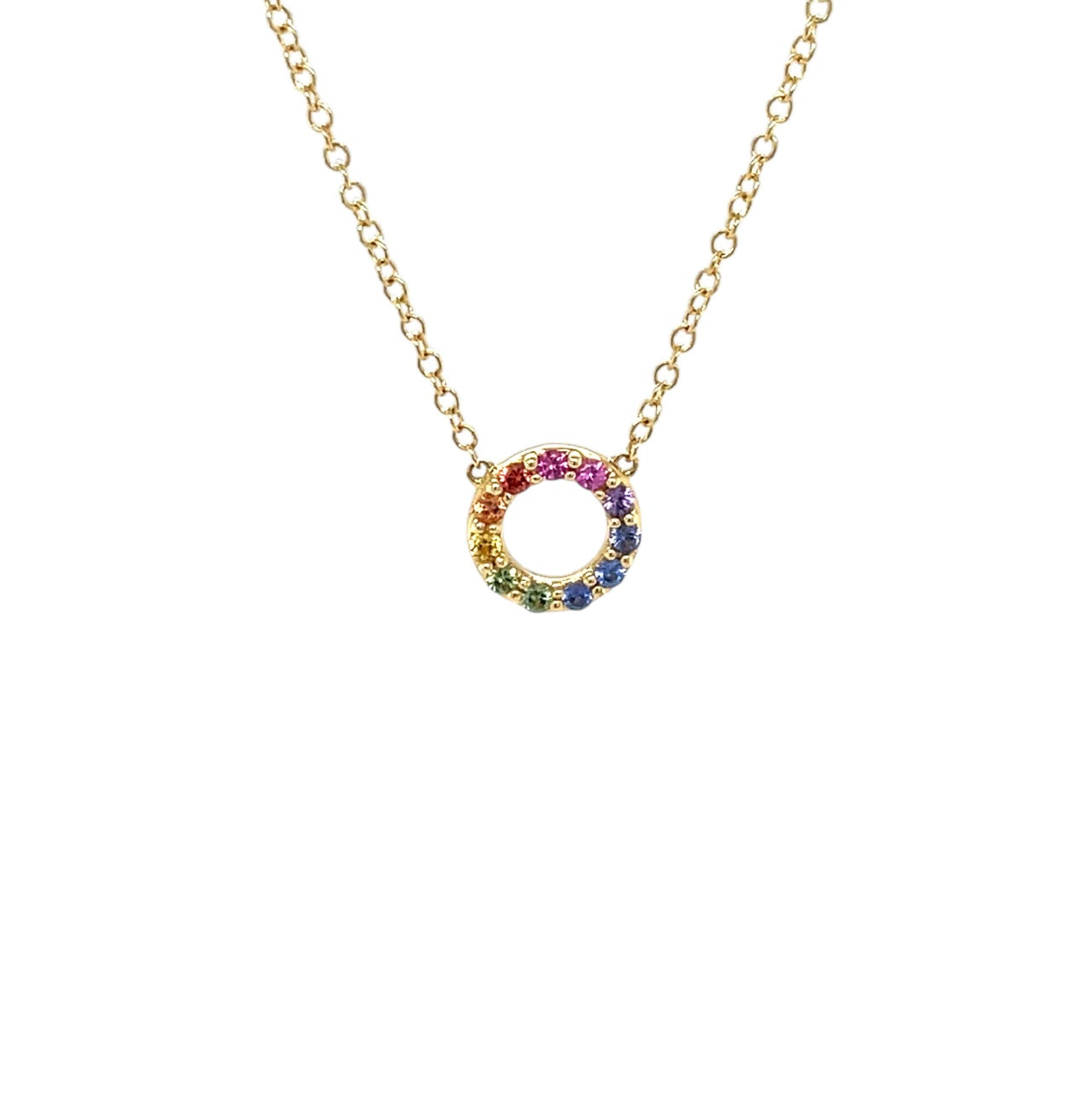 18ct Yellow Gold Rainbow Sapphire Circle Pendant & Chain (16-18")