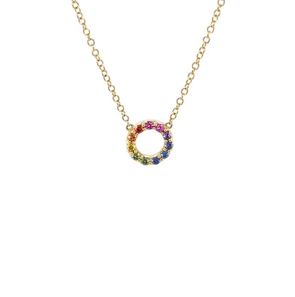 18ct Yellow Gold Rainbow Sapphire Circle Pendant & Chain (16-18")