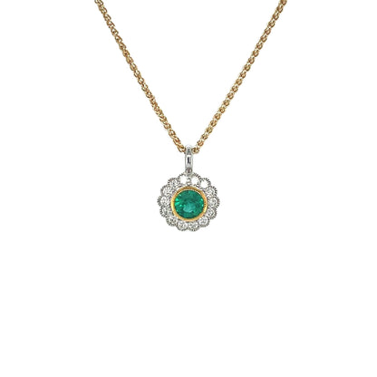 18ct Yellow & White Gold Emerald & Diamond Cluster Pendant & Chain