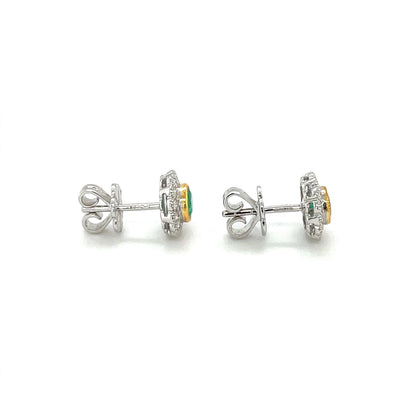 18ct White & Yellow Gold Emerald & Diamond Round Cluster Stud Earrings