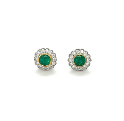 18ct White & Yellow Gold Emerald & Diamond Round Cluster Stud Earrings