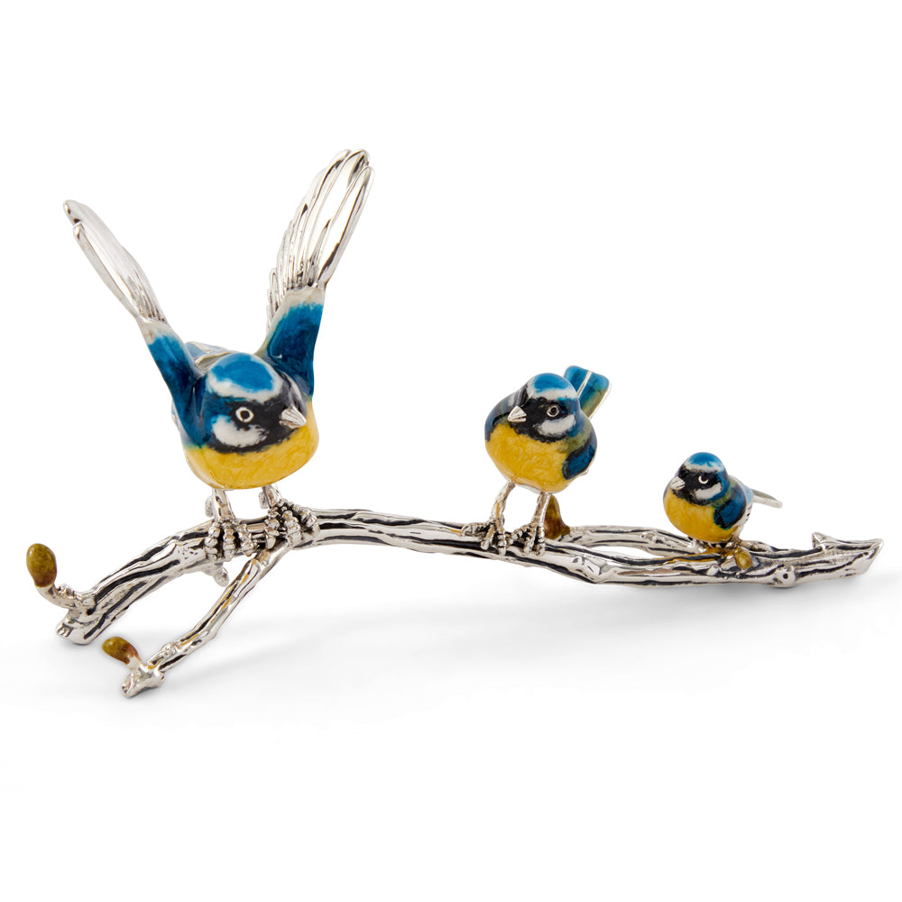 Saturno Silver & Enamel Blue Tits On a Branch